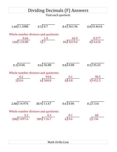 The Dividing Decimals by Various Decimals with Various Sizes of Quotients (F) Math Worksheet Page 2