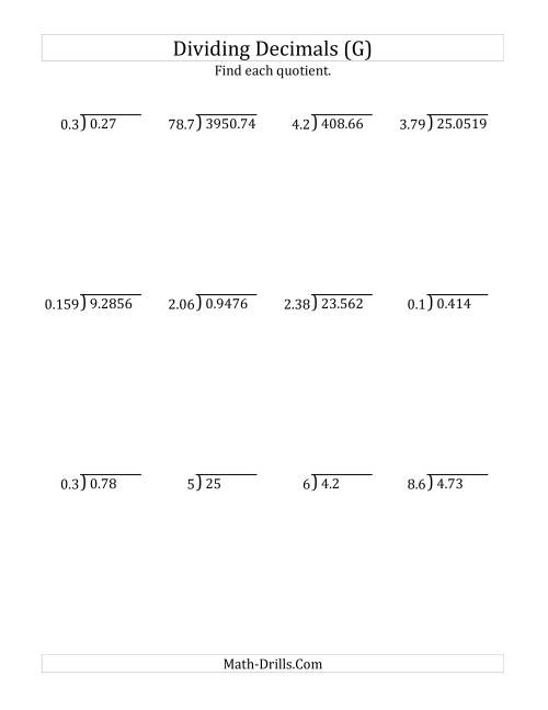 The Dividing Decimals by Various Decimals with Various Sizes of Quotients (G) Math Worksheet