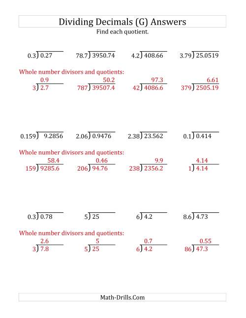 The Dividing Decimals by Various Decimals with Various Sizes of Quotients (G) Math Worksheet Page 2