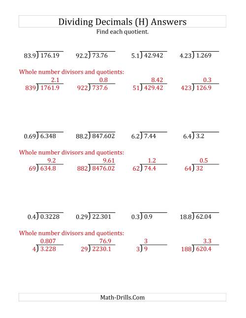 The Dividing Decimals by Various Decimals with Various Sizes of Quotients (H) Math Worksheet Page 2