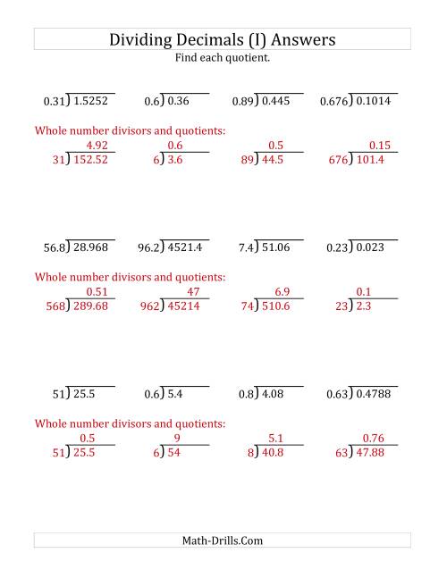 The Dividing Decimals by Various Decimals with Various Sizes of Quotients (I) Math Worksheet Page 2