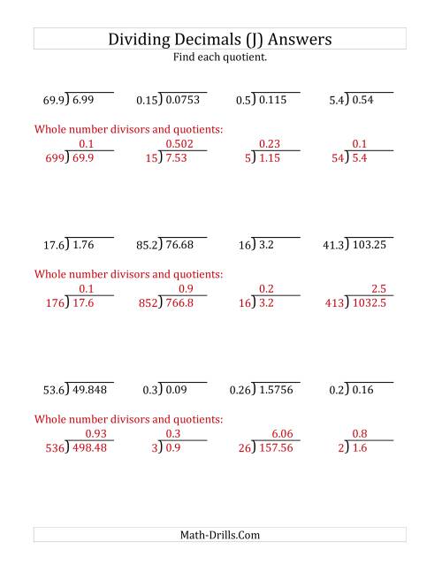 The Dividing Decimals by Various Decimals with Various Sizes of Quotients (J) Math Worksheet Page 2