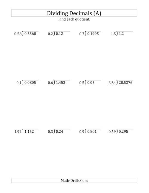 The Dividing Decimals by Various Decimals with Various Sizes of Quotients (All) Math Worksheet