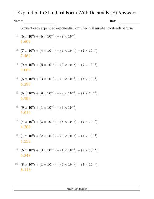 The Converting Expanded Exponential Form Decimals to Standard Form (1-Digit Before the Decimal; 3-Digits After the Decimal) (E) Math Worksheet Page 2