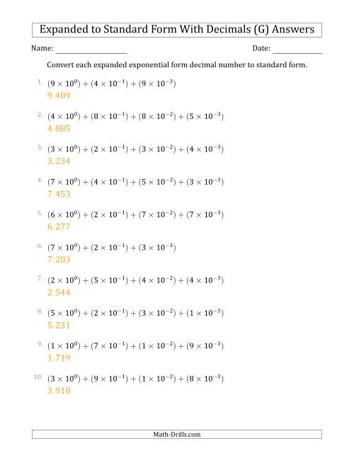 The Converting Expanded Exponential Form Decimals to Standard Form (1-Digit Before the Decimal; 3-Digits After the Decimal) (G) Math Worksheet Page 2