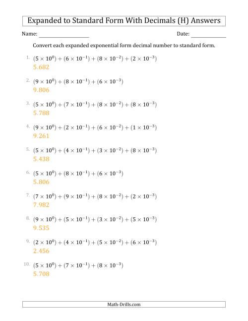 The Converting Expanded Exponential Form Decimals to Standard Form (1-Digit Before the Decimal; 3-Digits After the Decimal) (H) Math Worksheet Page 2
