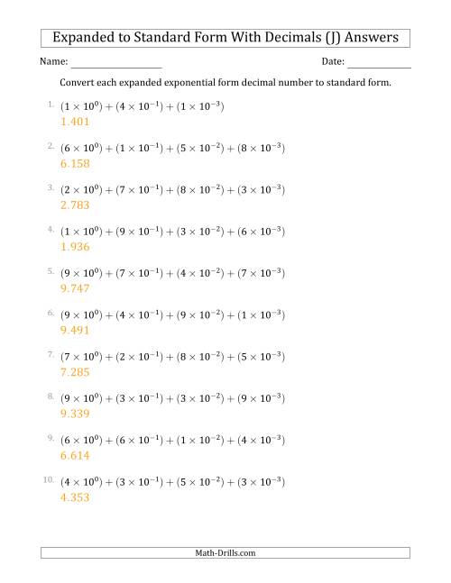 The Converting Expanded Exponential Form Decimals to Standard Form (1-Digit Before the Decimal; 3-Digits After the Decimal) (J) Math Worksheet Page 2