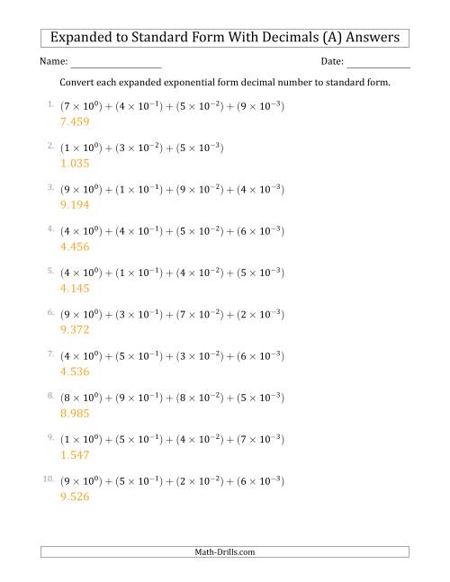 The Converting Expanded Exponential Form Decimals to Standard Form (1-Digit Before the Decimal; 3-Digits After the Decimal) (All) Math Worksheet Page 2