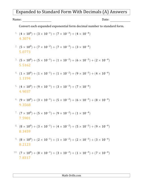 The Converting Expanded Exponential Form Decimals to Standard Form (1-Digit Before the Decimal; 4-Digits After the Decimal) (A) Math Worksheet Page 2