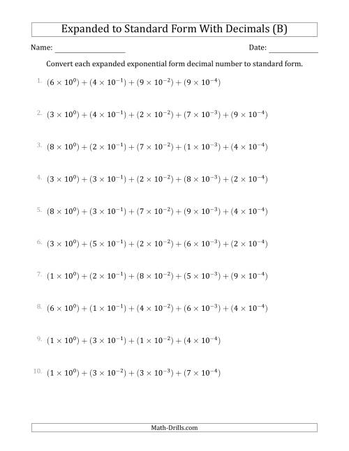 The Converting Expanded Exponential Form Decimals to Standard Form (1-Digit Before the Decimal; 4-Digits After the Decimal) (B) Math Worksheet