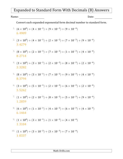 The Converting Expanded Exponential Form Decimals to Standard Form (1-Digit Before the Decimal; 4-Digits After the Decimal) (B) Math Worksheet Page 2