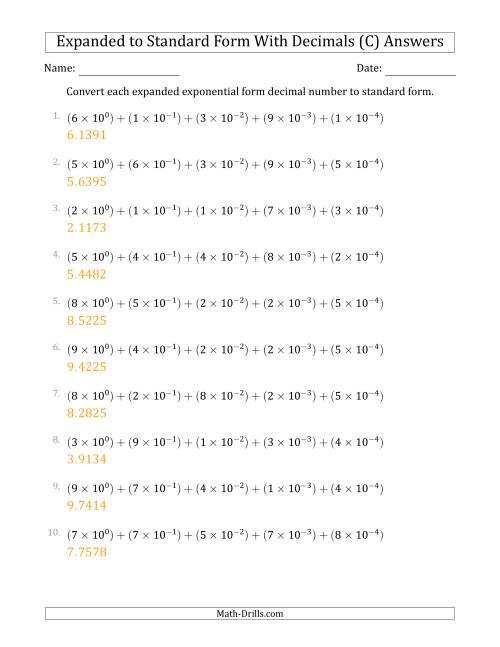 The Converting Expanded Exponential Form Decimals to Standard Form (1-Digit Before the Decimal; 4-Digits After the Decimal) (C) Math Worksheet Page 2