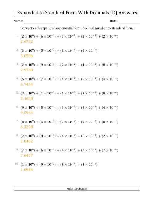 The Converting Expanded Exponential Form Decimals to Standard Form (1-Digit Before the Decimal; 4-Digits After the Decimal) (D) Math Worksheet Page 2