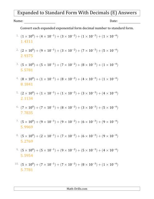 The Converting Expanded Exponential Form Decimals to Standard Form (1-Digit Before the Decimal; 4-Digits After the Decimal) (E) Math Worksheet Page 2