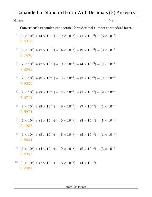The Converting Expanded Exponential Form Decimals to Standard Form (1-Digit Before the Decimal; 4-Digits After the Decimal) (F) Math Worksheet Page 2