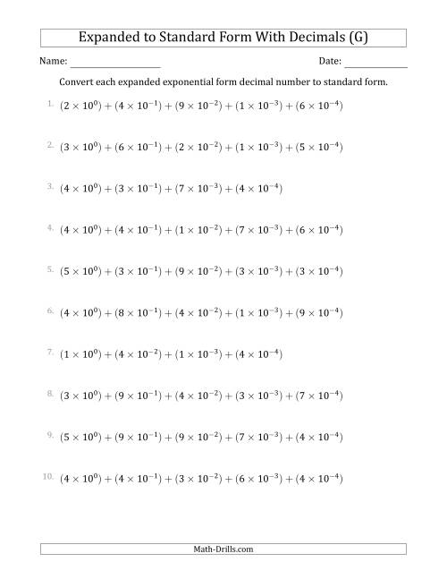 The Converting Expanded Exponential Form Decimals to Standard Form (1-Digit Before the Decimal; 4-Digits After the Decimal) (G) Math Worksheet