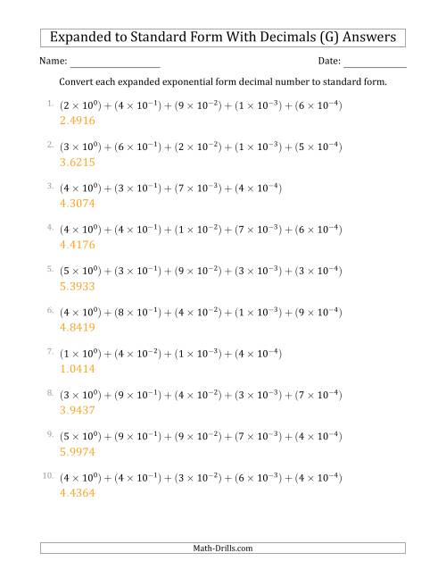 The Converting Expanded Exponential Form Decimals to Standard Form (1-Digit Before the Decimal; 4-Digits After the Decimal) (G) Math Worksheet Page 2