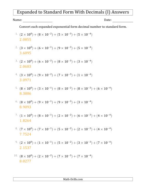 The Converting Expanded Exponential Form Decimals to Standard Form (1-Digit Before the Decimal; 4-Digits After the Decimal) (I) Math Worksheet Page 2
