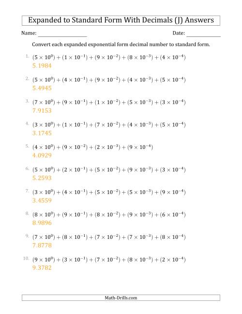 The Converting Expanded Exponential Form Decimals to Standard Form (1-Digit Before the Decimal; 4-Digits After the Decimal) (J) Math Worksheet Page 2
