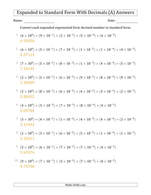 The Converting Expanded Exponential Form Decimals to Standard Form (1-Digit Before the Decimal; 5-Digits After the Decimal) (A) Math Worksheet Page 2