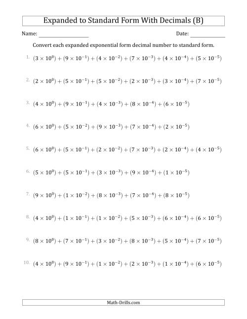 The Converting Expanded Exponential Form Decimals to Standard Form (1-Digit Before the Decimal; 5-Digits After the Decimal) (B) Math Worksheet