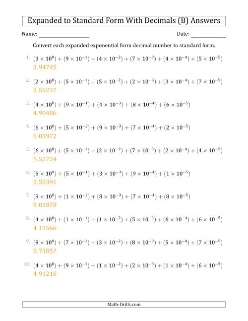 The Converting Expanded Exponential Form Decimals to Standard Form (1-Digit Before the Decimal; 5-Digits After the Decimal) (B) Math Worksheet Page 2