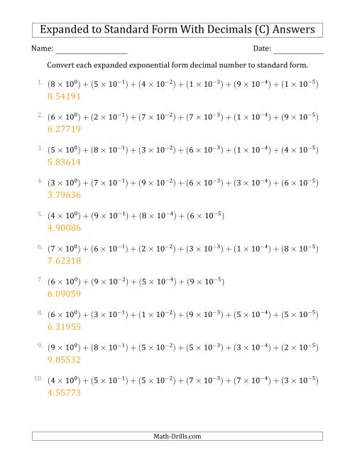 The Converting Expanded Exponential Form Decimals to Standard Form (1-Digit Before the Decimal; 5-Digits After the Decimal) (C) Math Worksheet Page 2