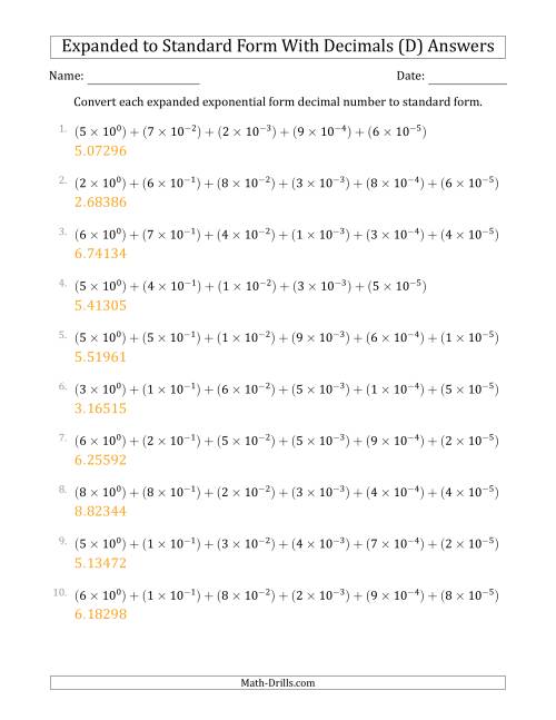 The Converting Expanded Exponential Form Decimals to Standard Form (1-Digit Before the Decimal; 5-Digits After the Decimal) (D) Math Worksheet Page 2