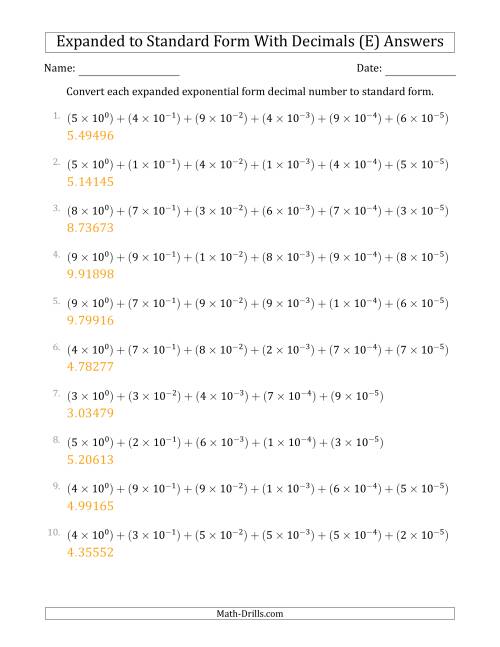 The Converting Expanded Exponential Form Decimals to Standard Form (1-Digit Before the Decimal; 5-Digits After the Decimal) (E) Math Worksheet Page 2