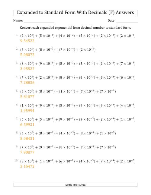 The Converting Expanded Exponential Form Decimals to Standard Form (1-Digit Before the Decimal; 5-Digits After the Decimal) (F) Math Worksheet Page 2