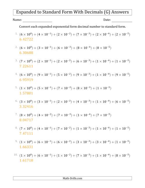 The Converting Expanded Exponential Form Decimals to Standard Form (1-Digit Before the Decimal; 5-Digits After the Decimal) (G) Math Worksheet Page 2