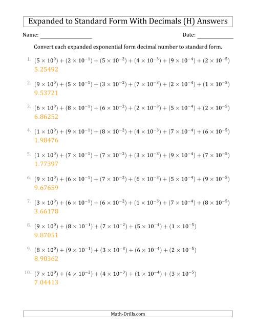 The Converting Expanded Exponential Form Decimals to Standard Form (1-Digit Before the Decimal; 5-Digits After the Decimal) (H) Math Worksheet Page 2