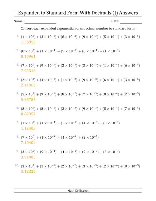 The Converting Expanded Exponential Form Decimals to Standard Form (1-Digit Before the Decimal; 5-Digits After the Decimal) (J) Math Worksheet Page 2