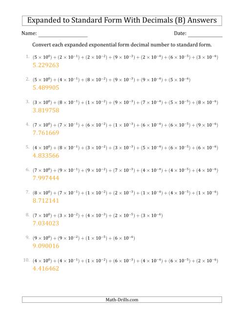 The Converting Expanded Exponential Form Decimals to Standard Form (1-Digit Before the Decimal; 6-Digits After the Decimal) (B) Math Worksheet Page 2
