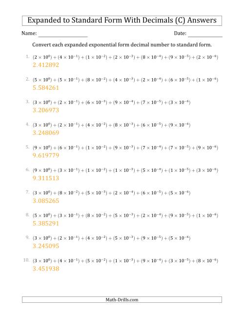 The Converting Expanded Exponential Form Decimals to Standard Form (1-Digit Before the Decimal; 6-Digits After the Decimal) (C) Math Worksheet Page 2