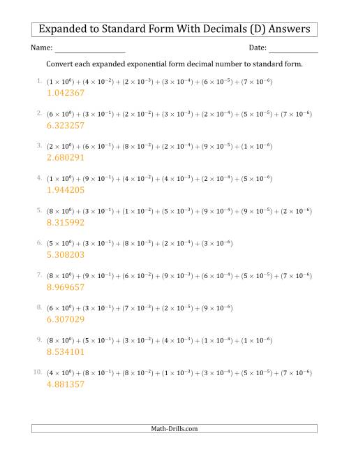 The Converting Expanded Exponential Form Decimals to Standard Form (1-Digit Before the Decimal; 6-Digits After the Decimal) (D) Math Worksheet Page 2