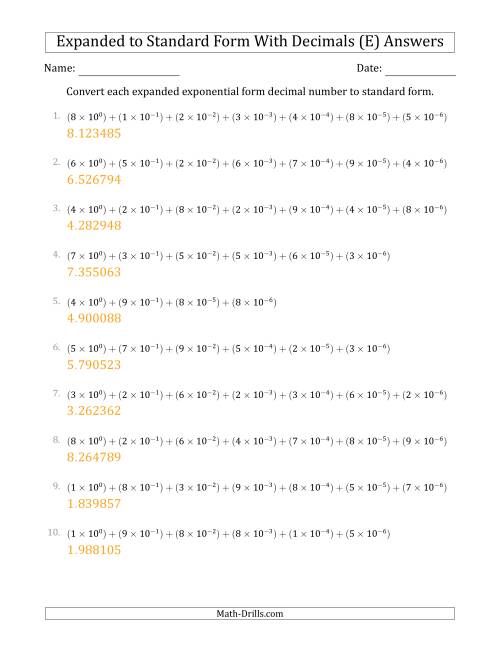 The Converting Expanded Exponential Form Decimals to Standard Form (1-Digit Before the Decimal; 6-Digits After the Decimal) (E) Math Worksheet Page 2