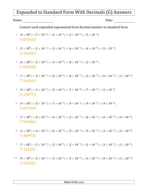 The Converting Expanded Exponential Form Decimals to Standard Form (1-Digit Before the Decimal; 6-Digits After the Decimal) (G) Math Worksheet Page 2