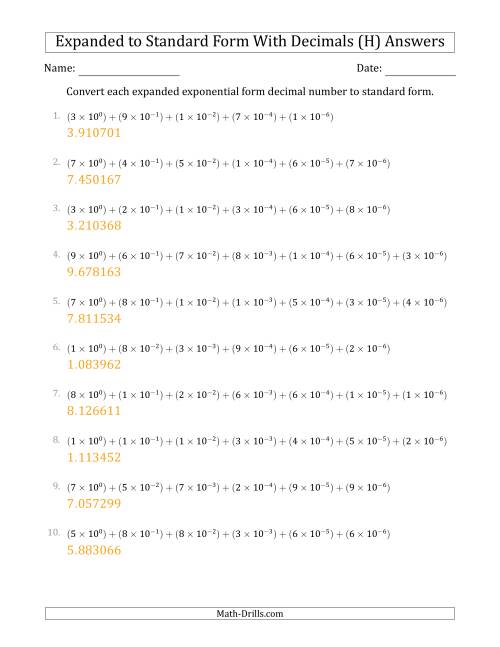 The Converting Expanded Exponential Form Decimals to Standard Form (1-Digit Before the Decimal; 6-Digits After the Decimal) (H) Math Worksheet Page 2