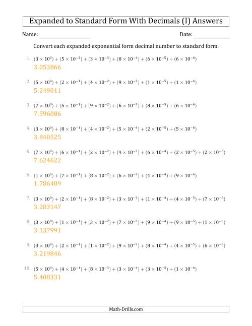 The Converting Expanded Exponential Form Decimals to Standard Form (1-Digit Before the Decimal; 6-Digits After the Decimal) (I) Math Worksheet Page 2