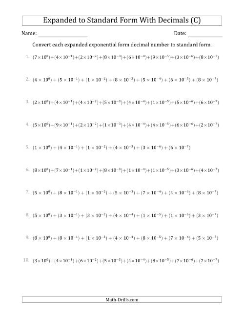 The Converting Expanded Exponential Form Decimals to Standard Form (1-Digit Before the Decimal; 7-Digits After the Decimal) (C) Math Worksheet