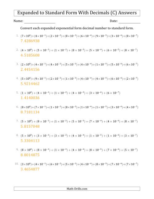 The Converting Expanded Exponential Form Decimals to Standard Form (1-Digit Before the Decimal; 7-Digits After the Decimal) (C) Math Worksheet Page 2