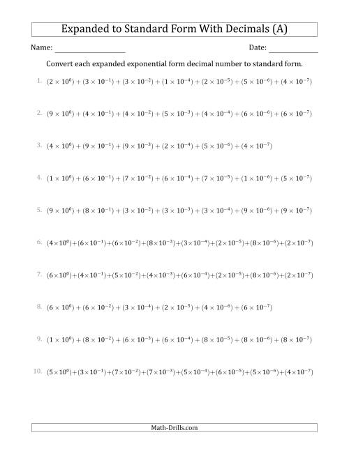 The Converting Expanded Exponential Form Decimals to Standard Form (1-Digit Before the Decimal; 7-Digits After the Decimal) (All) Math Worksheet