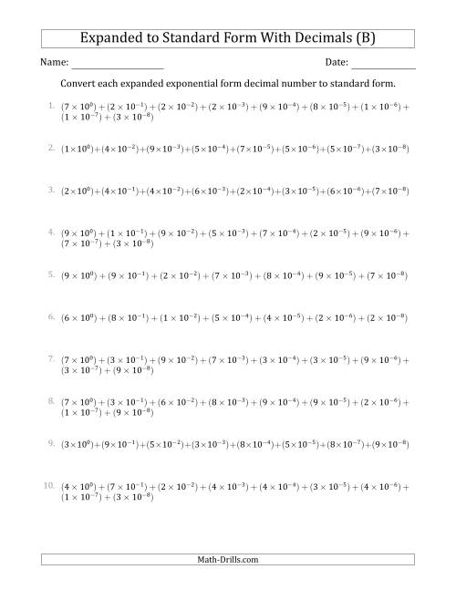 The Converting Expanded Exponential Form Decimals to Standard Form (1-Digit Before the Decimal; 8-Digits After the Decimal) (B) Math Worksheet