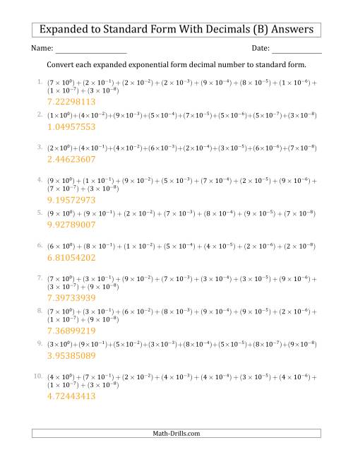 The Converting Expanded Exponential Form Decimals to Standard Form (1-Digit Before the Decimal; 8-Digits After the Decimal) (B) Math Worksheet Page 2