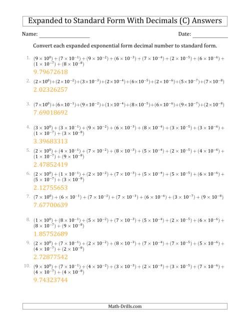 The Converting Expanded Exponential Form Decimals to Standard Form (1-Digit Before the Decimal; 8-Digits After the Decimal) (C) Math Worksheet Page 2