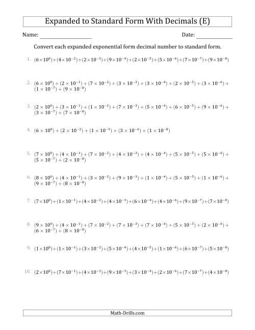 The Converting Expanded Exponential Form Decimals to Standard Form (1-Digit Before the Decimal; 8-Digits After the Decimal) (E) Math Worksheet