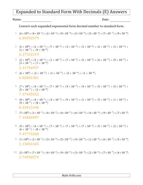 The Converting Expanded Exponential Form Decimals to Standard Form (1-Digit Before the Decimal; 8-Digits After the Decimal) (E) Math Worksheet Page 2