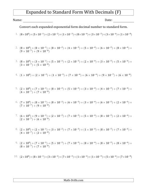 The Converting Expanded Exponential Form Decimals to Standard Form (1-Digit Before the Decimal; 8-Digits After the Decimal) (F) Math Worksheet