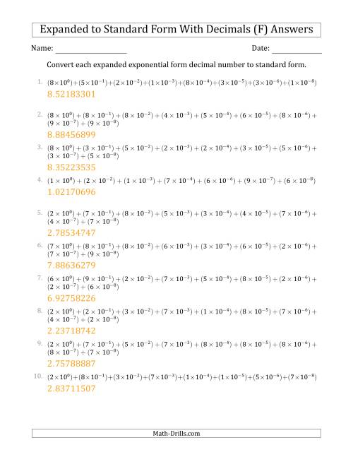 The Converting Expanded Exponential Form Decimals to Standard Form (1-Digit Before the Decimal; 8-Digits After the Decimal) (F) Math Worksheet Page 2
